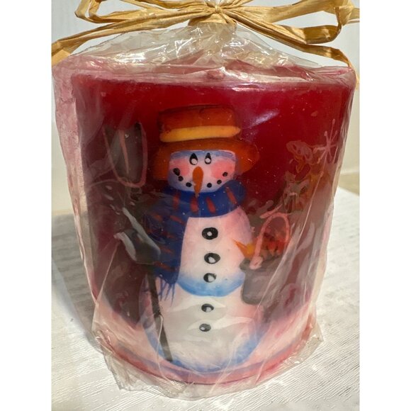 Snowman Holiday Pillar Candle 3 Inch Pillar Danson Decor Inc. Red Handpainted - Picture 1 of 7
